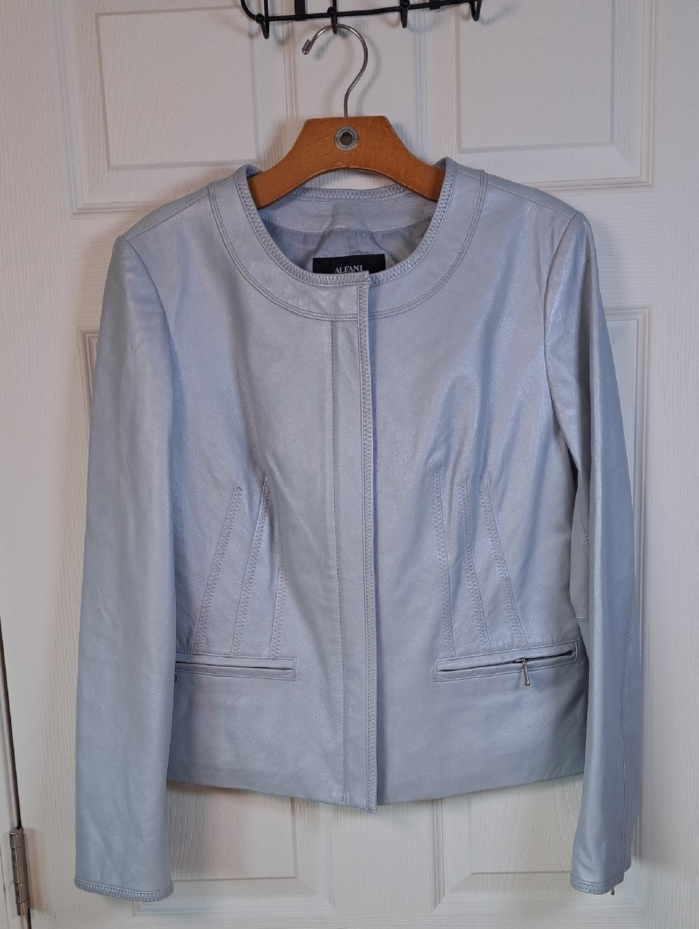 Alfani Soft Leather Light Powder Blue Zip Front Sleek Classy Pockets Jacket